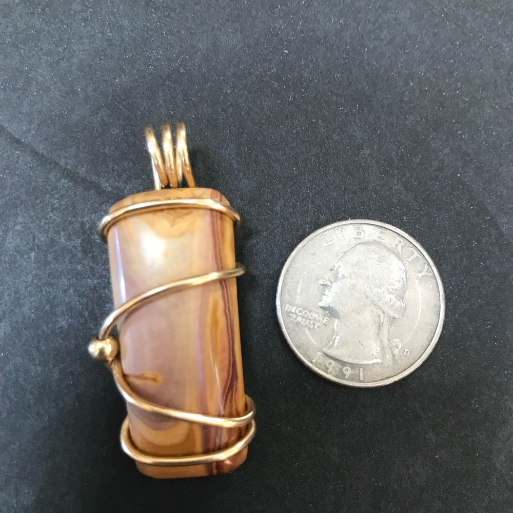 Brown Tan Jasper Natural Stone Pendant Gold Wire Wrapped Jewelry Artisan made